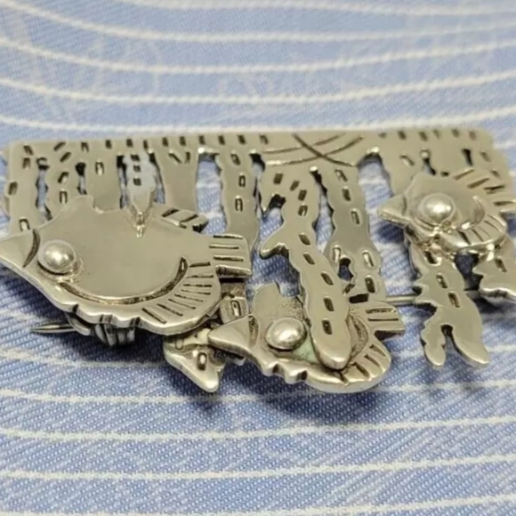 VTG 90s Y2K Angel Fish Brooch .925 Solid Silver Ocean Life Scene Handmade Mexico - Picture 3 of 7